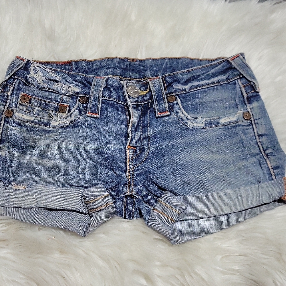 True Religion Women's Faded Blue Distressed Denim Shorts